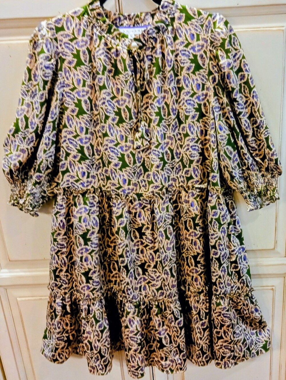 Joy Joy Olive Green Midi Dress with Lavender Leaf Print